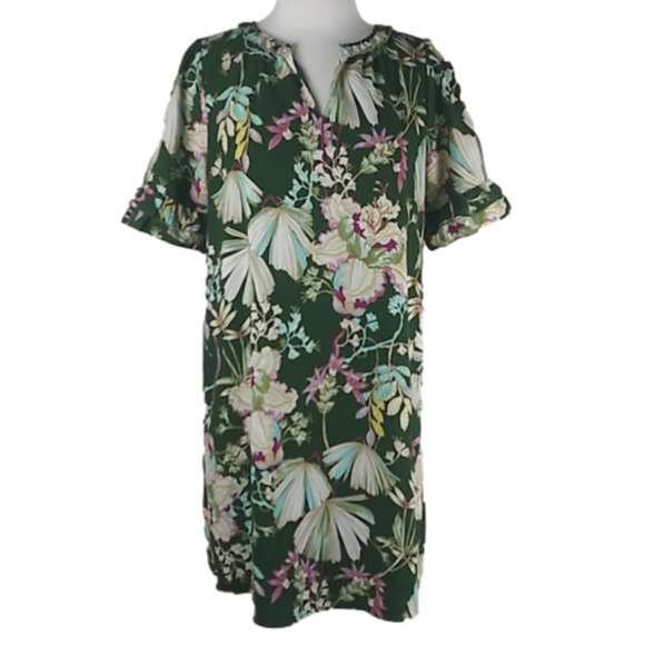 Kaari blue Green Floral Multicolored  V-Neck Short Sleeve Slip On Mini Dress - Picture 1 of 13